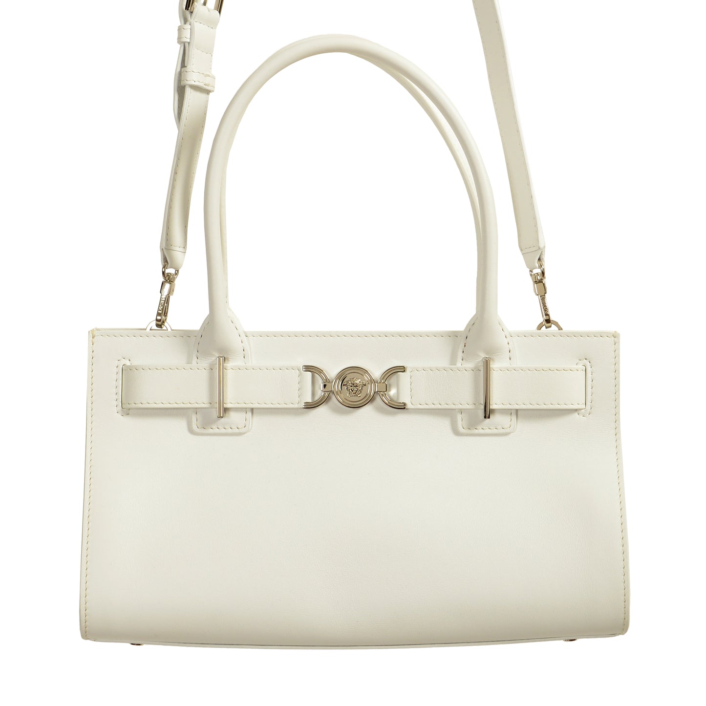Versace Women's White 100% Leather Silver Medusa Head Tote Handbag Shoulder Bag