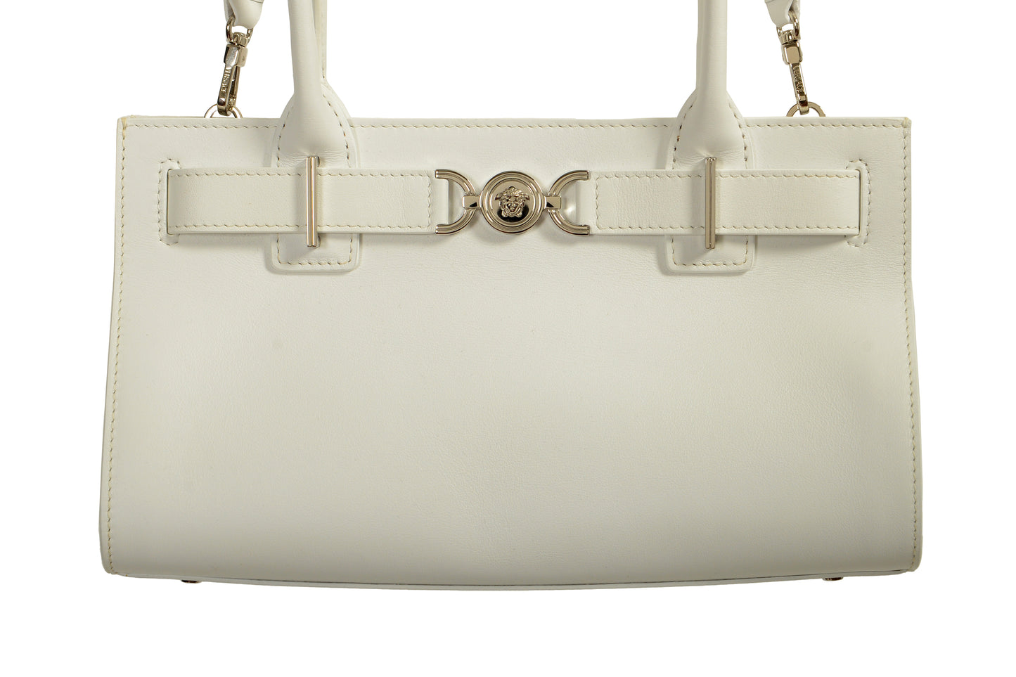 Versace Women's White 100% Leather Silver Medusa Head Tote Handbag Shoulder Bag