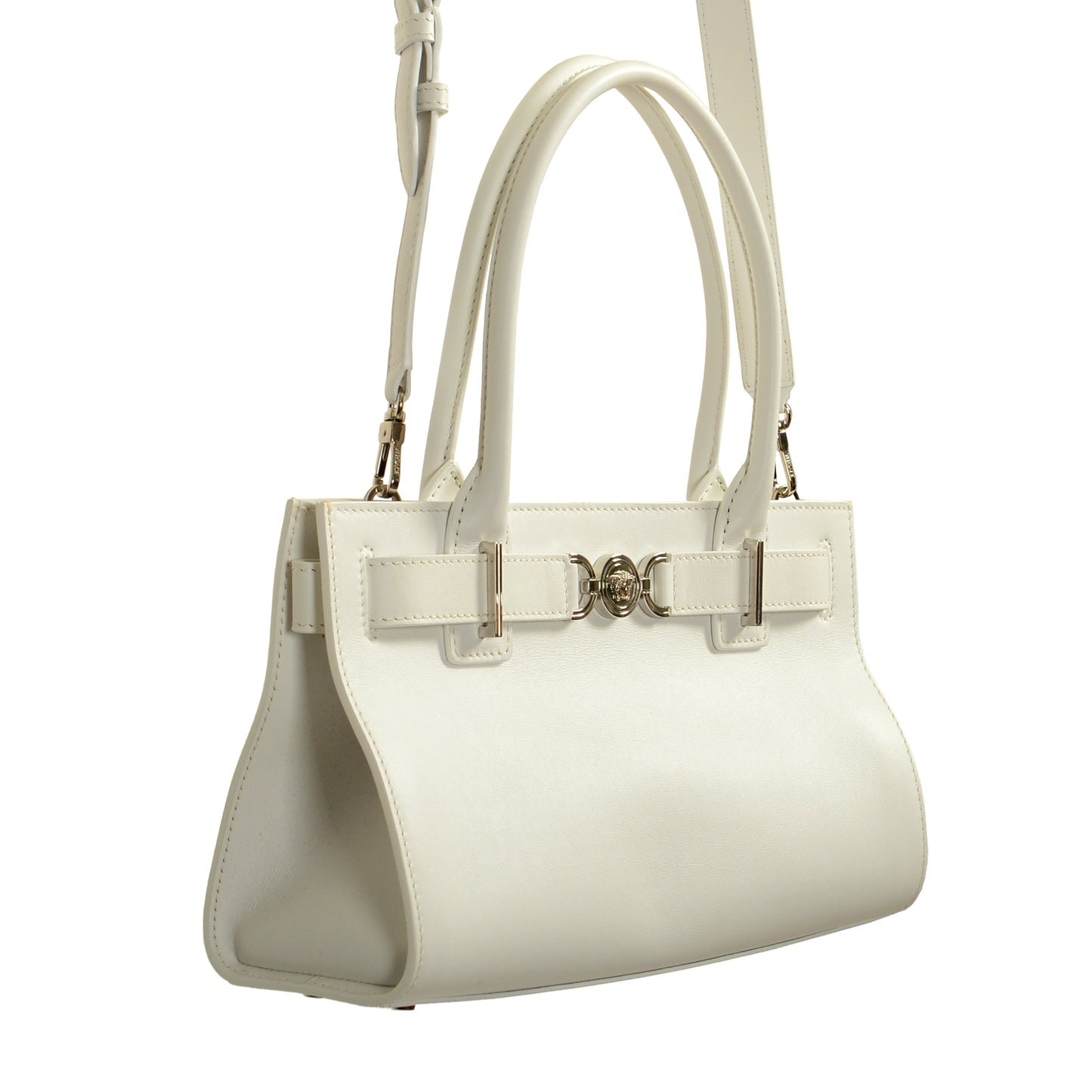 Versace Women's White 100% Leather Silver Medusa Head Tote Handbag Shoulder Bag