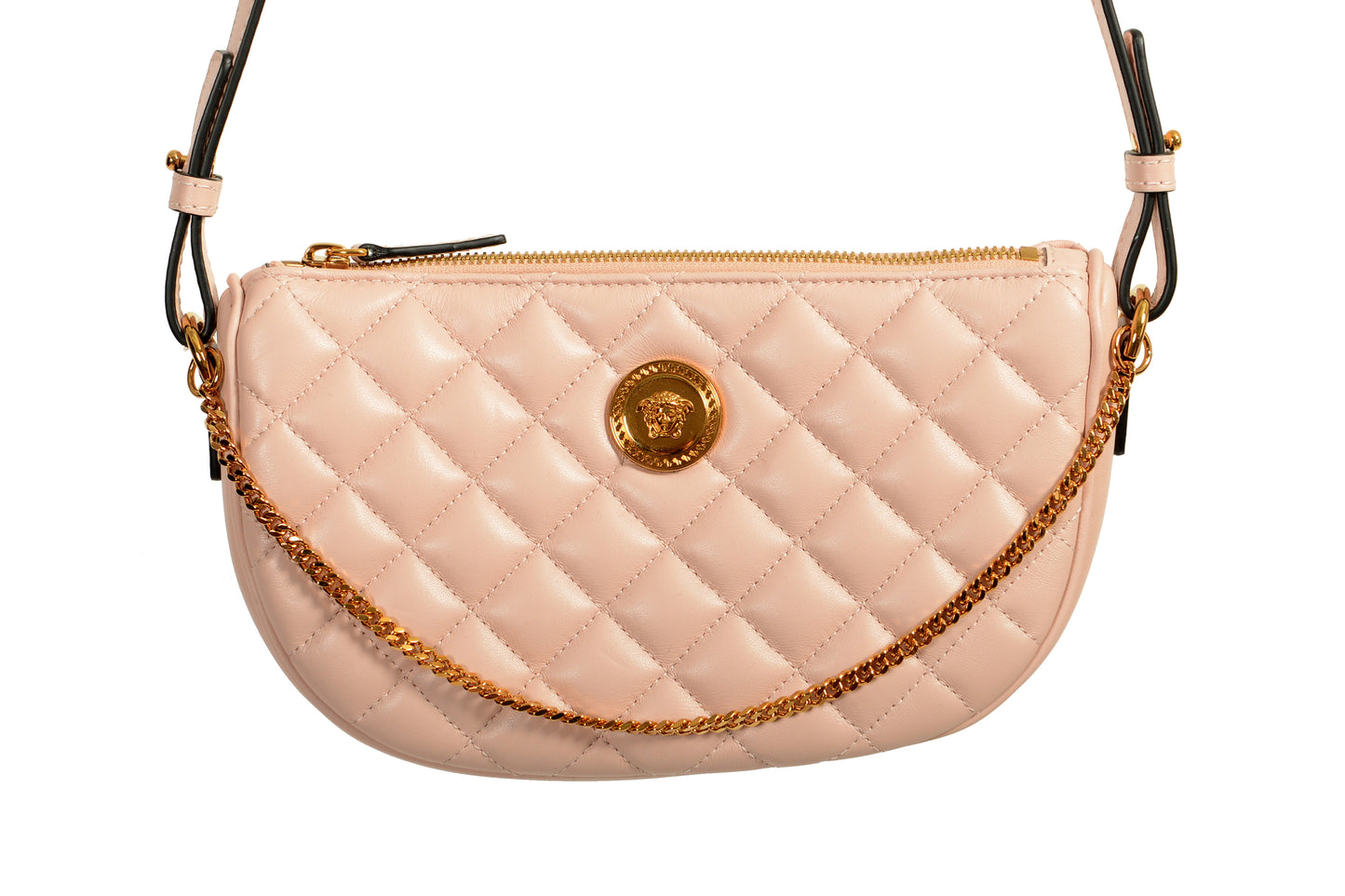 Versace Women's Leather Gold Medusa Quilted Half Moon Chain Handbag Shoulder Bag