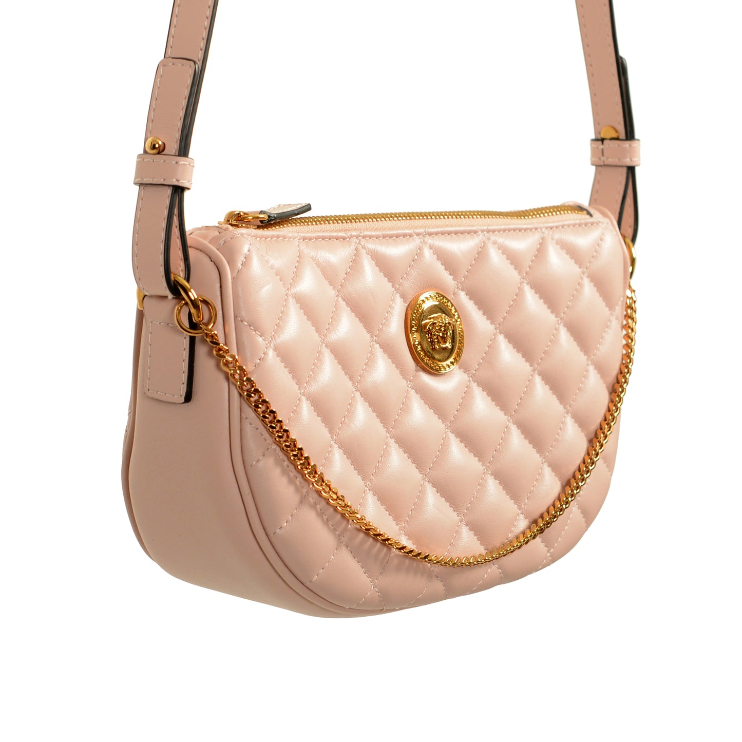 Versace Women's Leather Gold Medusa Quilted Half Moon Chain Handbag Shoulder Bag