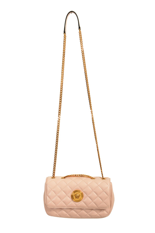 Versace Women's Pale Pink Leather Gold Medusa Quilted Small Handbag Shoulder Bag