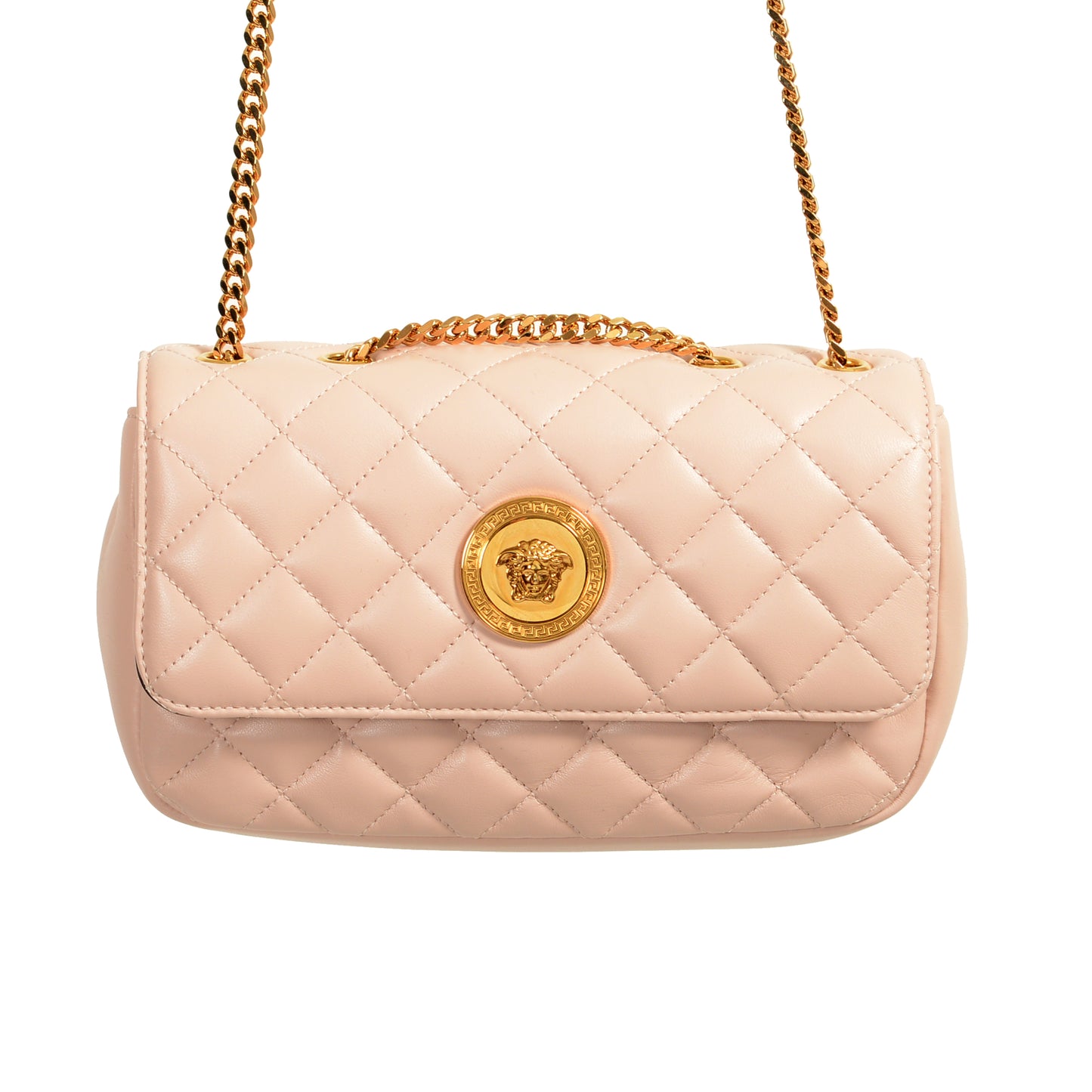 Versace Women's Pale Pink Leather Gold Medusa Quilted Small Handbag Shoulder Bag