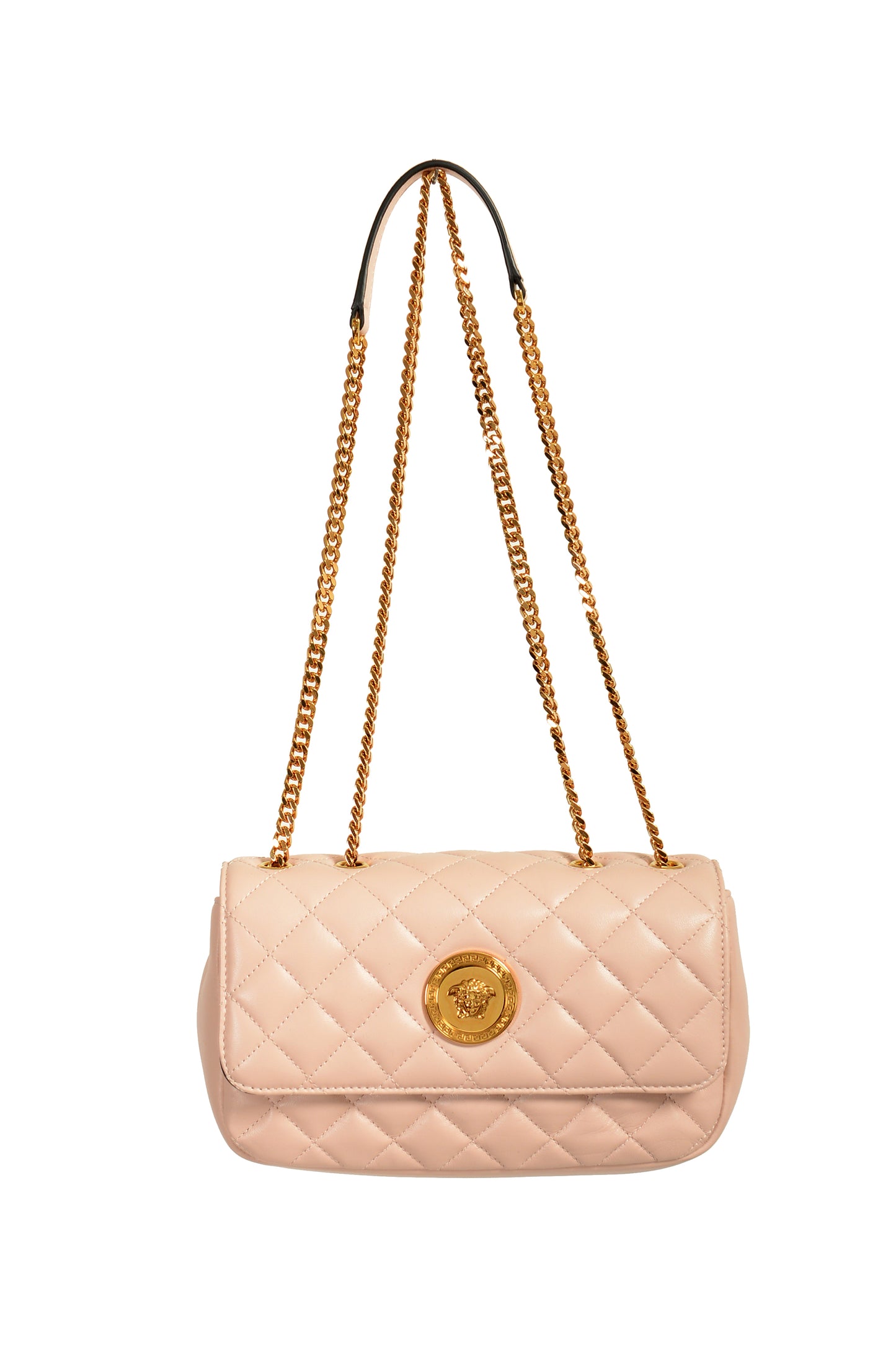 Versace Women's Pale Pink Leather Gold Medusa Quilted Small Handbag Shoulder Bag