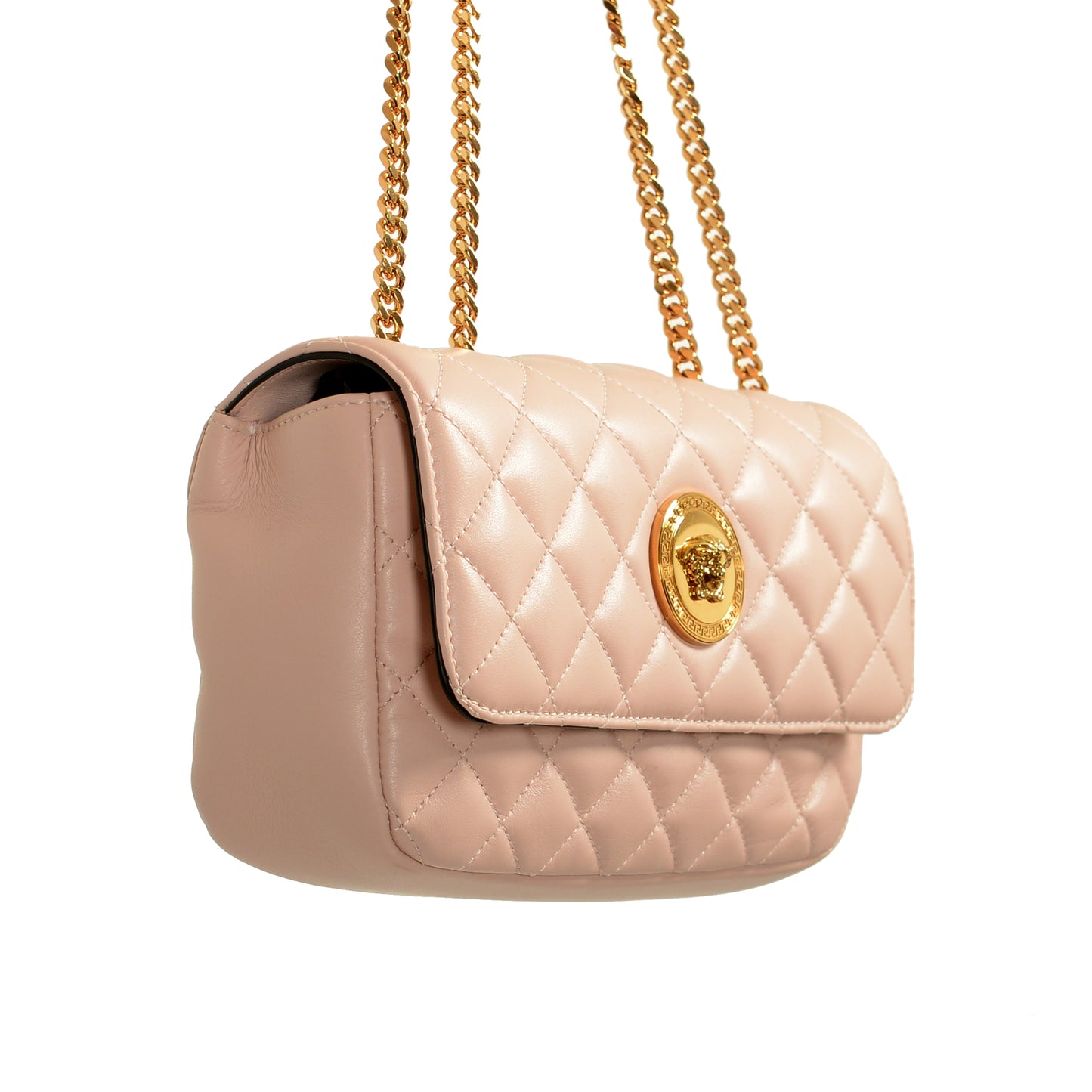 Versace Women's Pale Pink Leather Gold Medusa Quilted Small Handbag Shoulder Bag