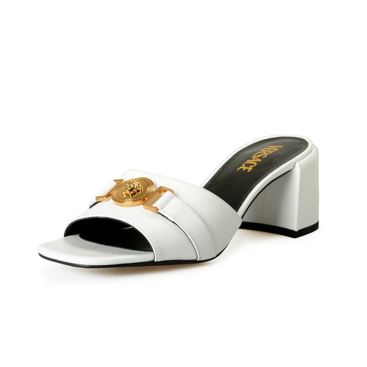 Versace Women's White Gold Medusa Heeled Sandals Mules Shoes US 5 IT 35