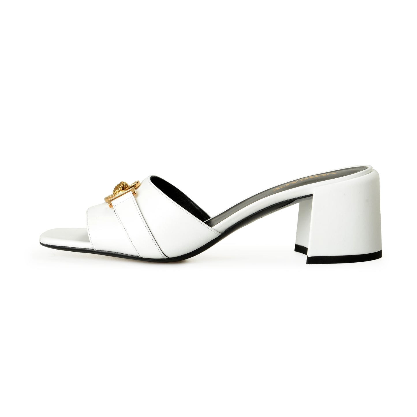 Versace Women's White Gold Medusa Heeled Sandals Mules Shoes US 5 IT 35
