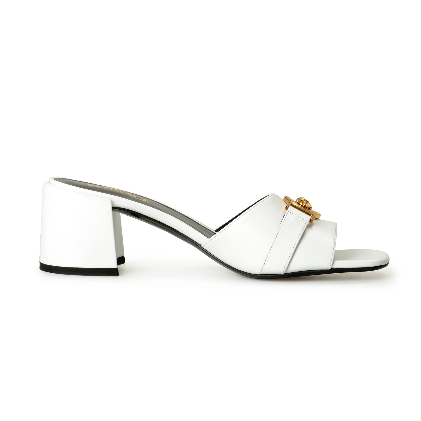 Versace Women's White Gold Medusa Heeled Sandals Mules Shoes US 5 IT 35