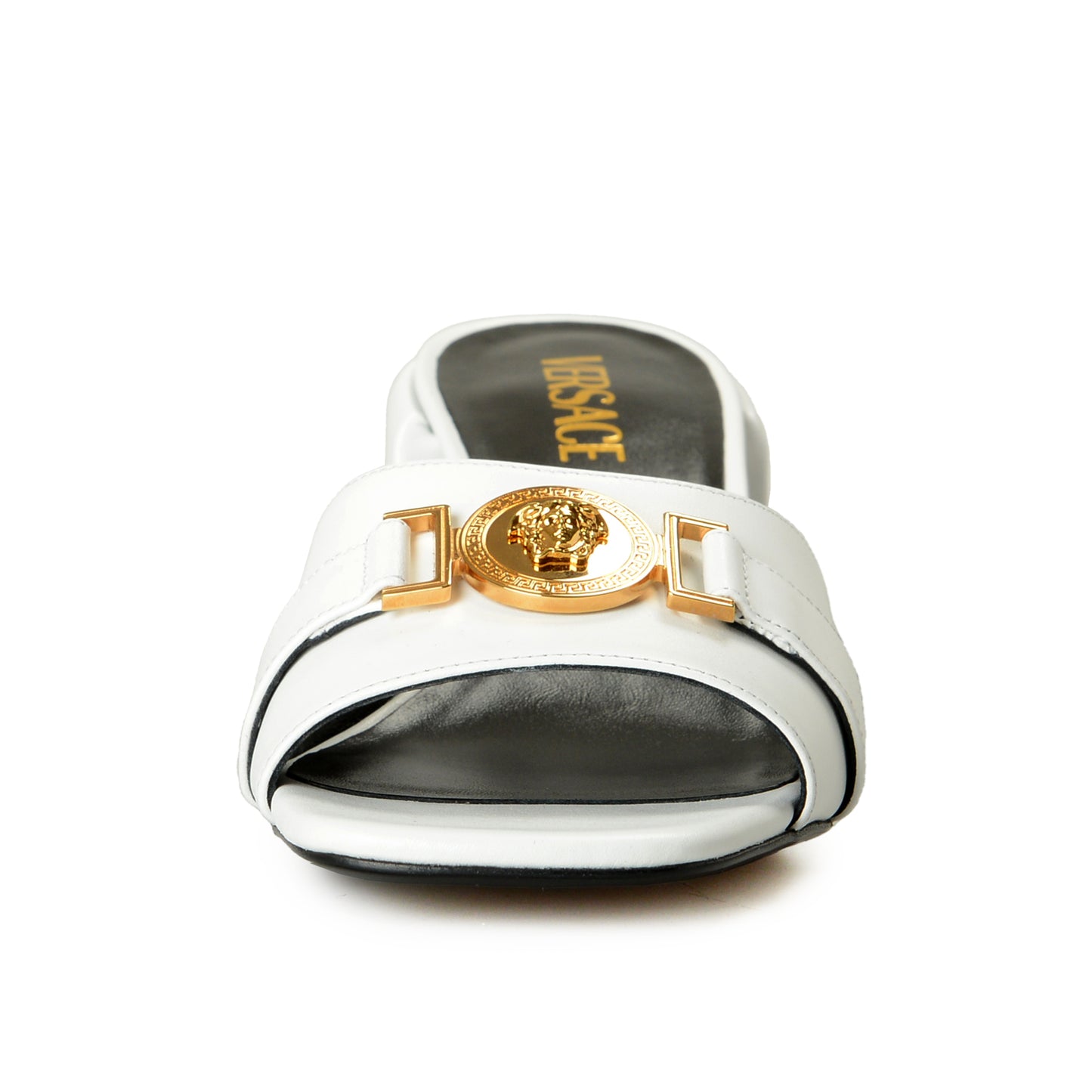 Versace Women's White Gold Medusa Heeled Sandals Mules Shoes US 5 IT 35