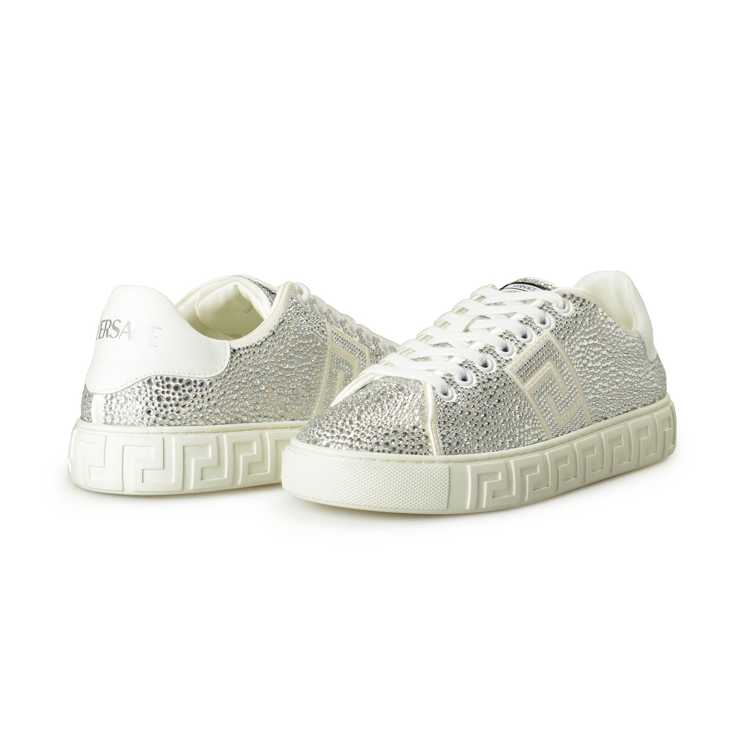 Versace Women's Sparkle Silver & White Leather Sneakers Shoes US 7 IT 37