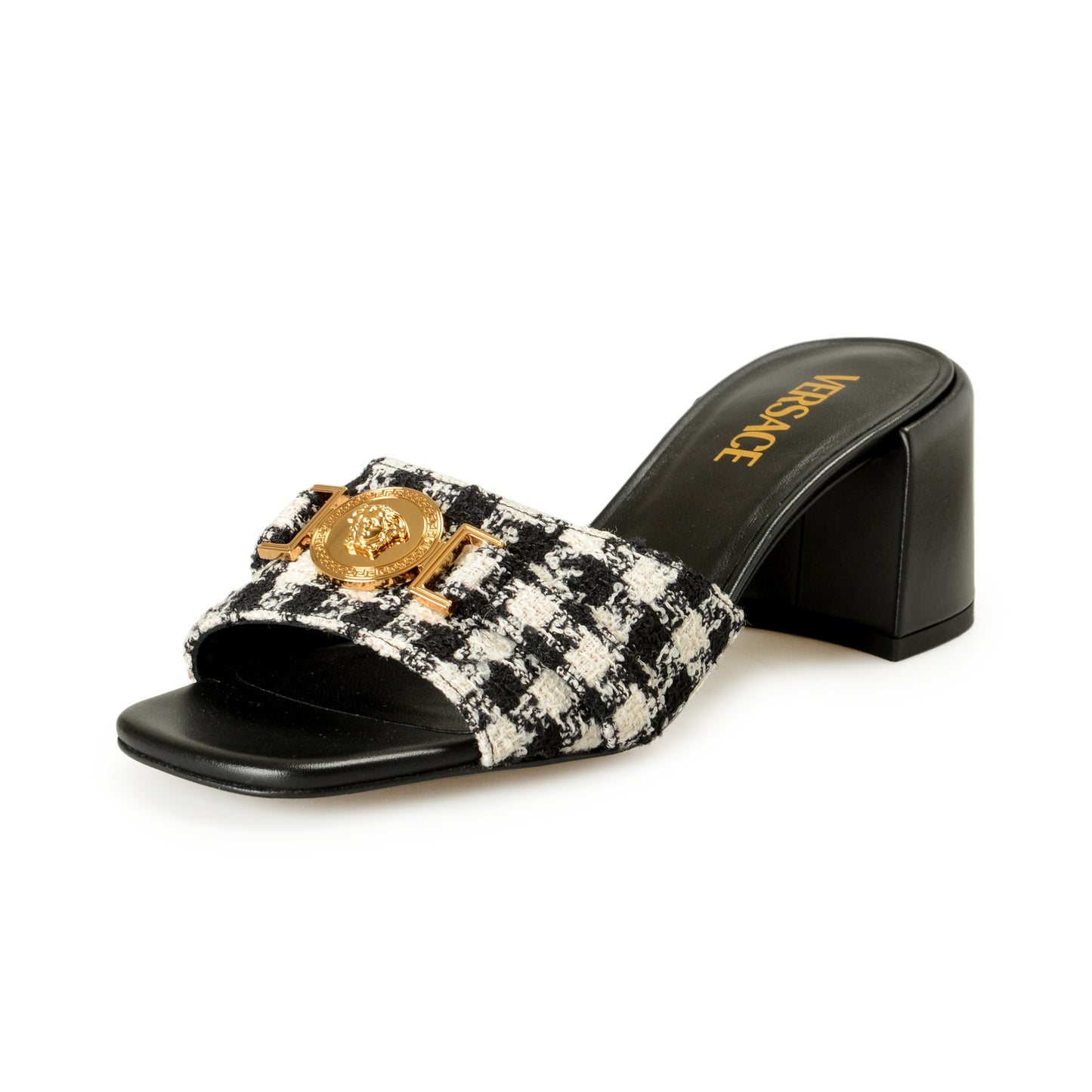 Versace Women's Check Gold Medusa Heeled Sandals Mules Shoes US 9 IT 39