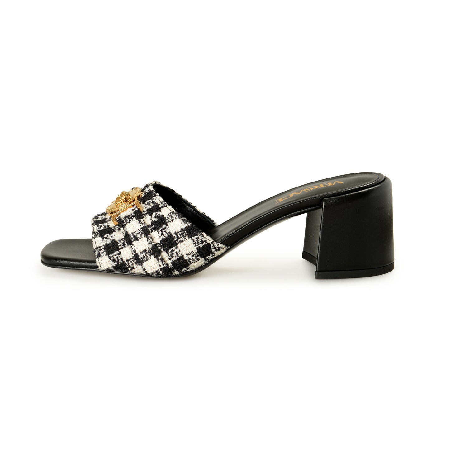 Versace Women's Check Gold Medusa Heeled Sandals Mules Shoes US 9 IT 39