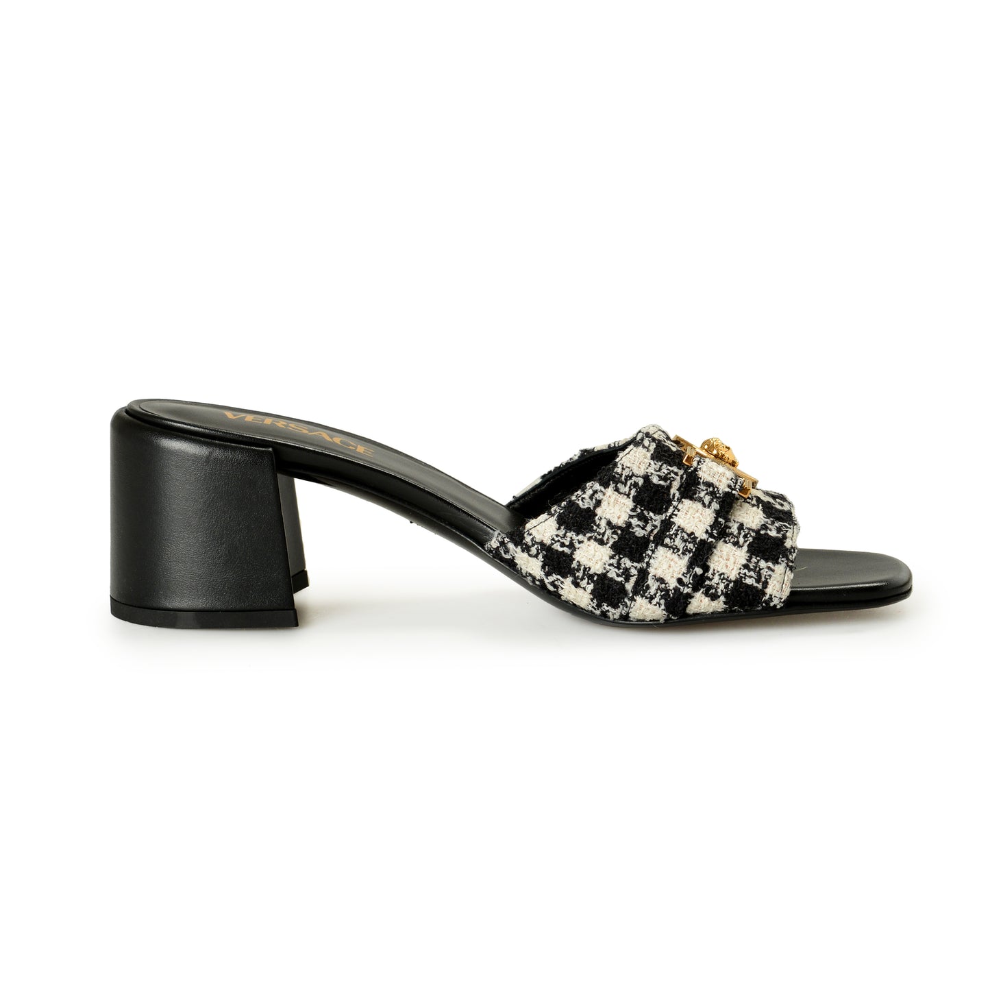 Versace Women's Check Gold Medusa Heeled Sandals Mules Shoes US 9 IT 39