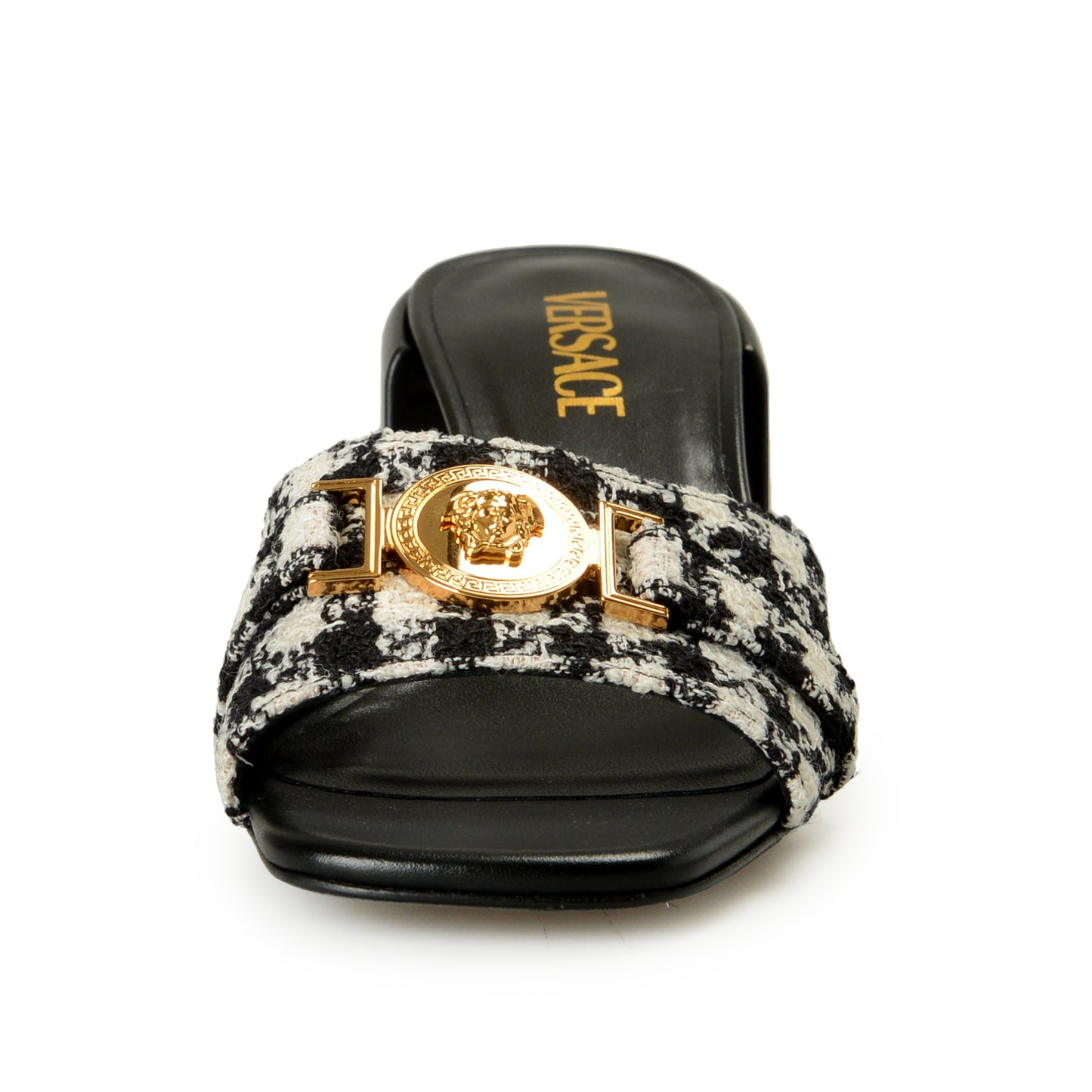 Versace Women's Check Gold Medusa Heeled Sandals Mules Shoes US 9 IT 39
