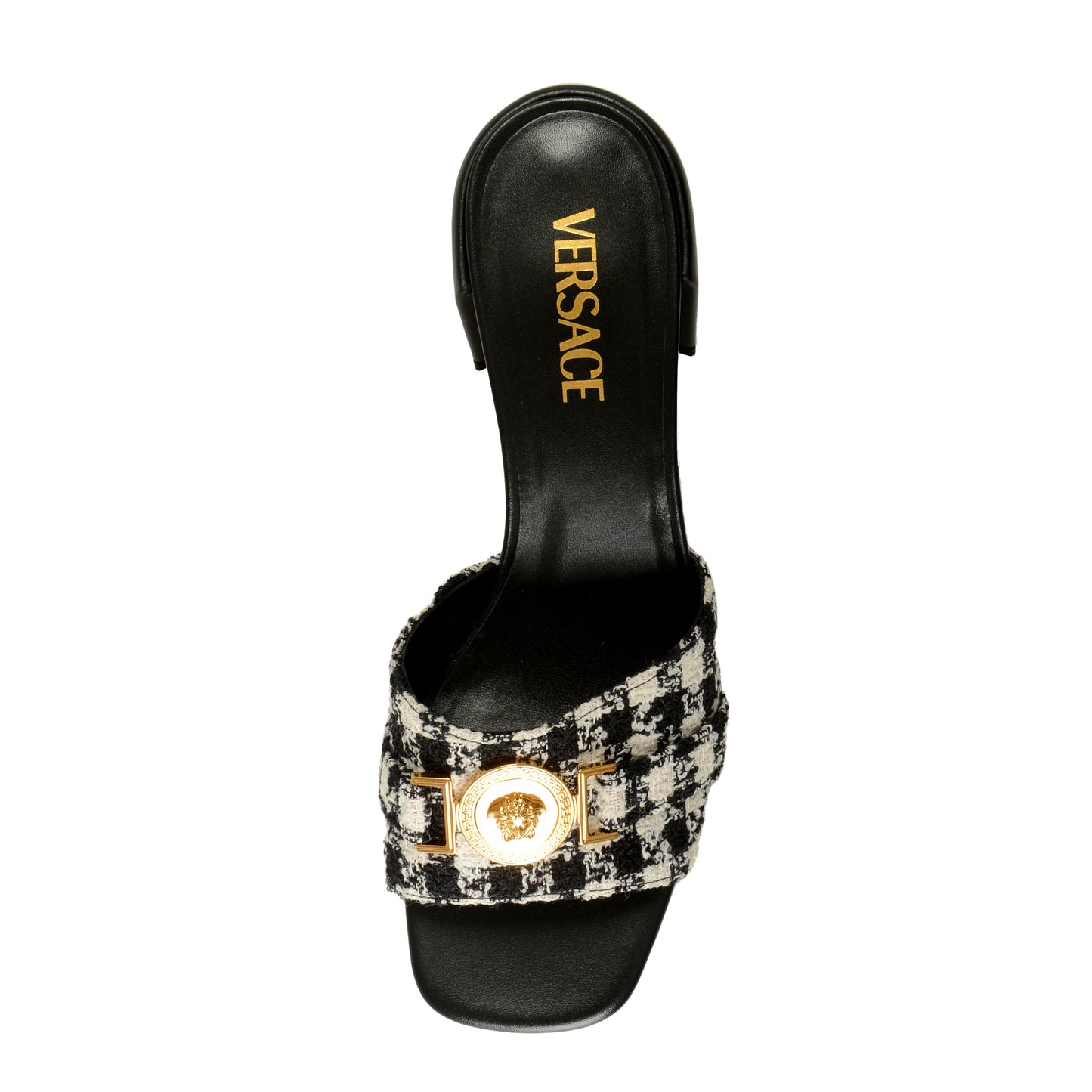 Versace Women's Check Gold Medusa Heeled Sandals Mules Shoes US 9 IT 39