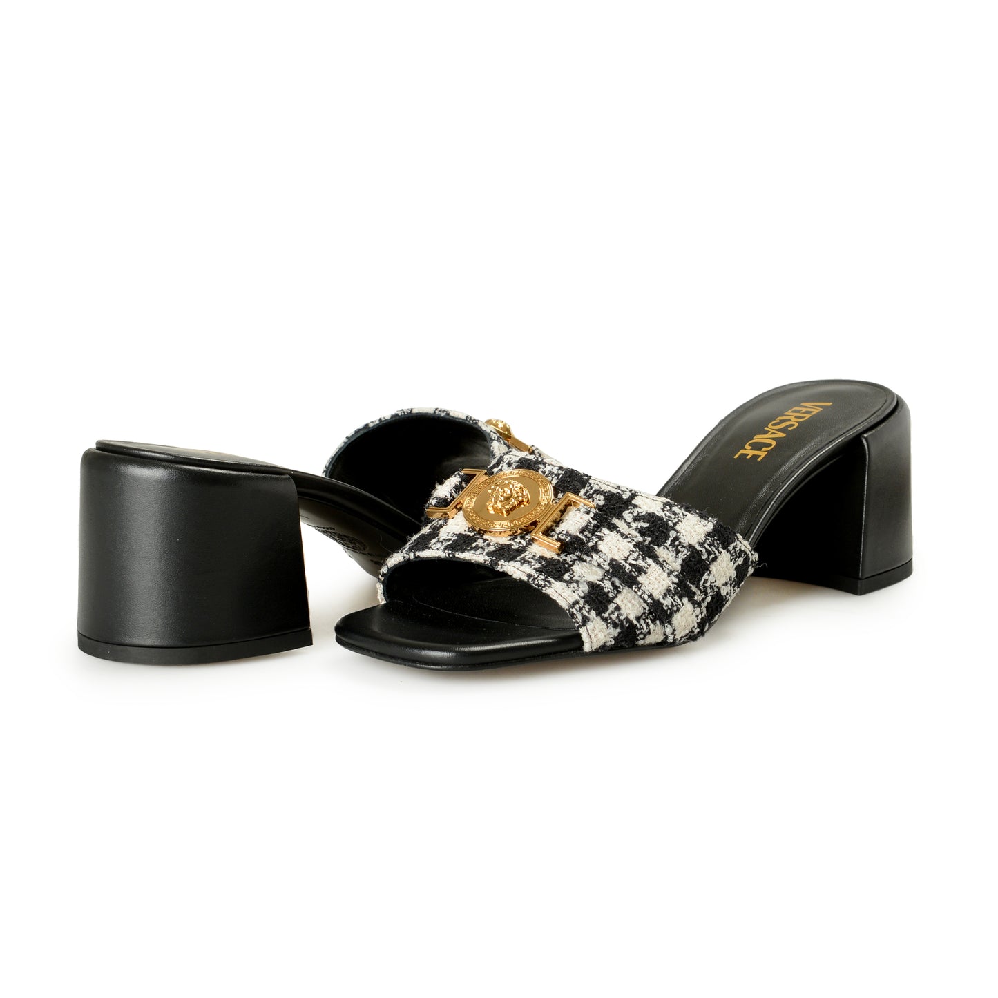 Versace Women's Check Gold Medusa Heeled Sandals Mules Shoes US 9 IT 39