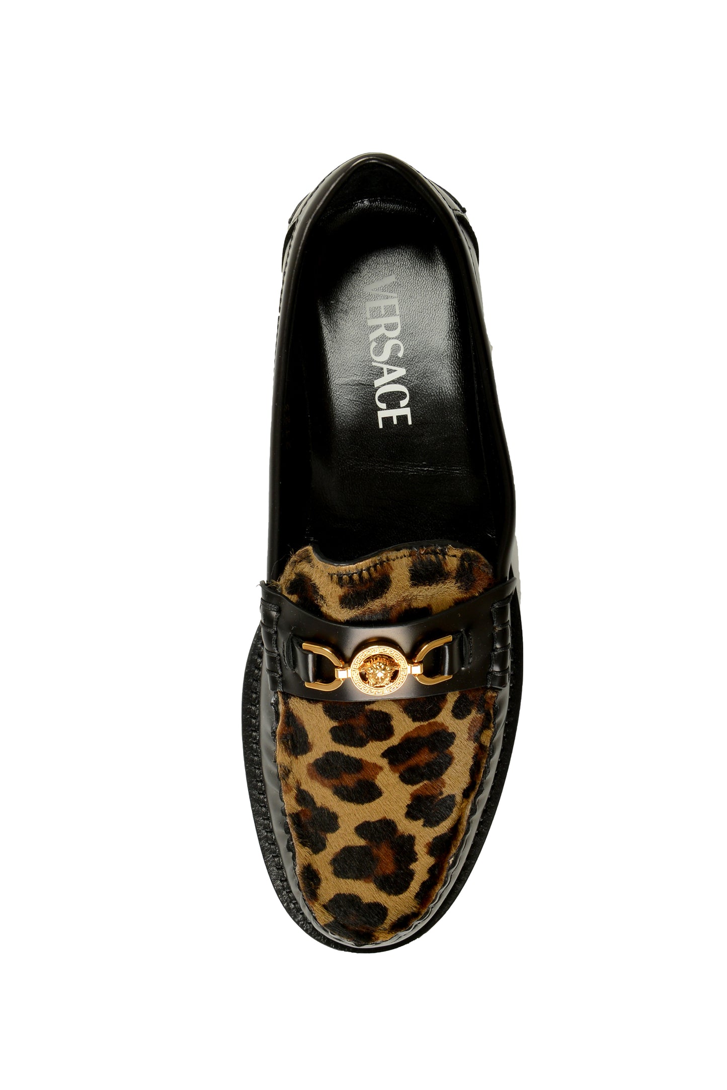 Versace Women's Leather & Pony Hair Gold Medusa Slip On Loafers Shoes US 7 IT 37