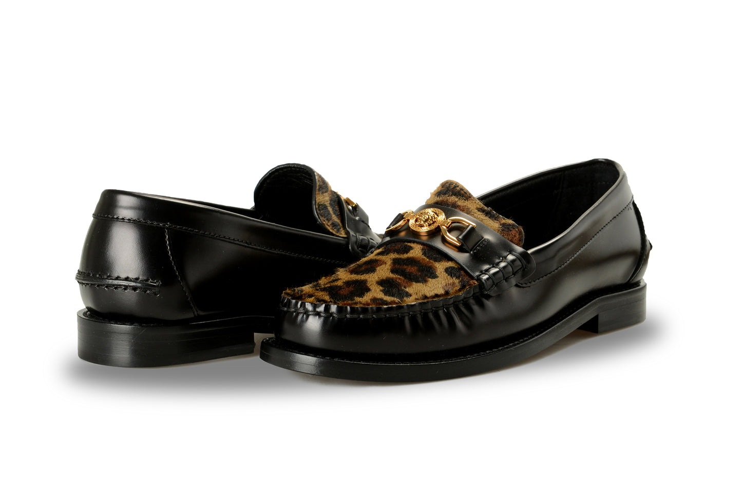 Versace Women's Leather & Pony Hair Gold Medusa Slip On Loafers Shoes US 7 IT 37