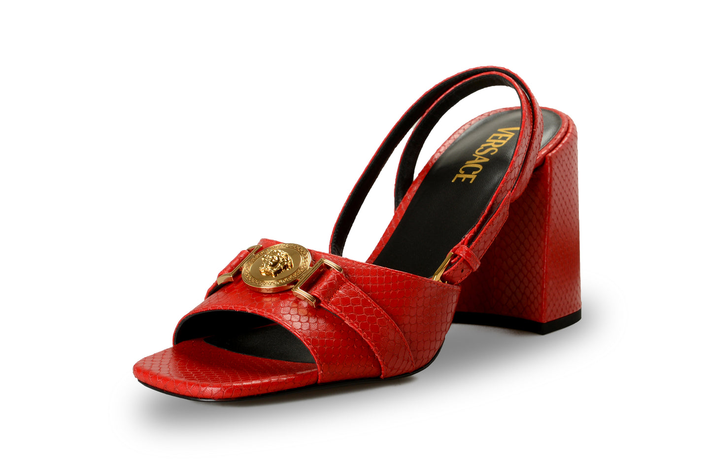 Versace Women's Snake Print Leather Gold Medusa Heeled Sandals Shoes US 11 IT 41