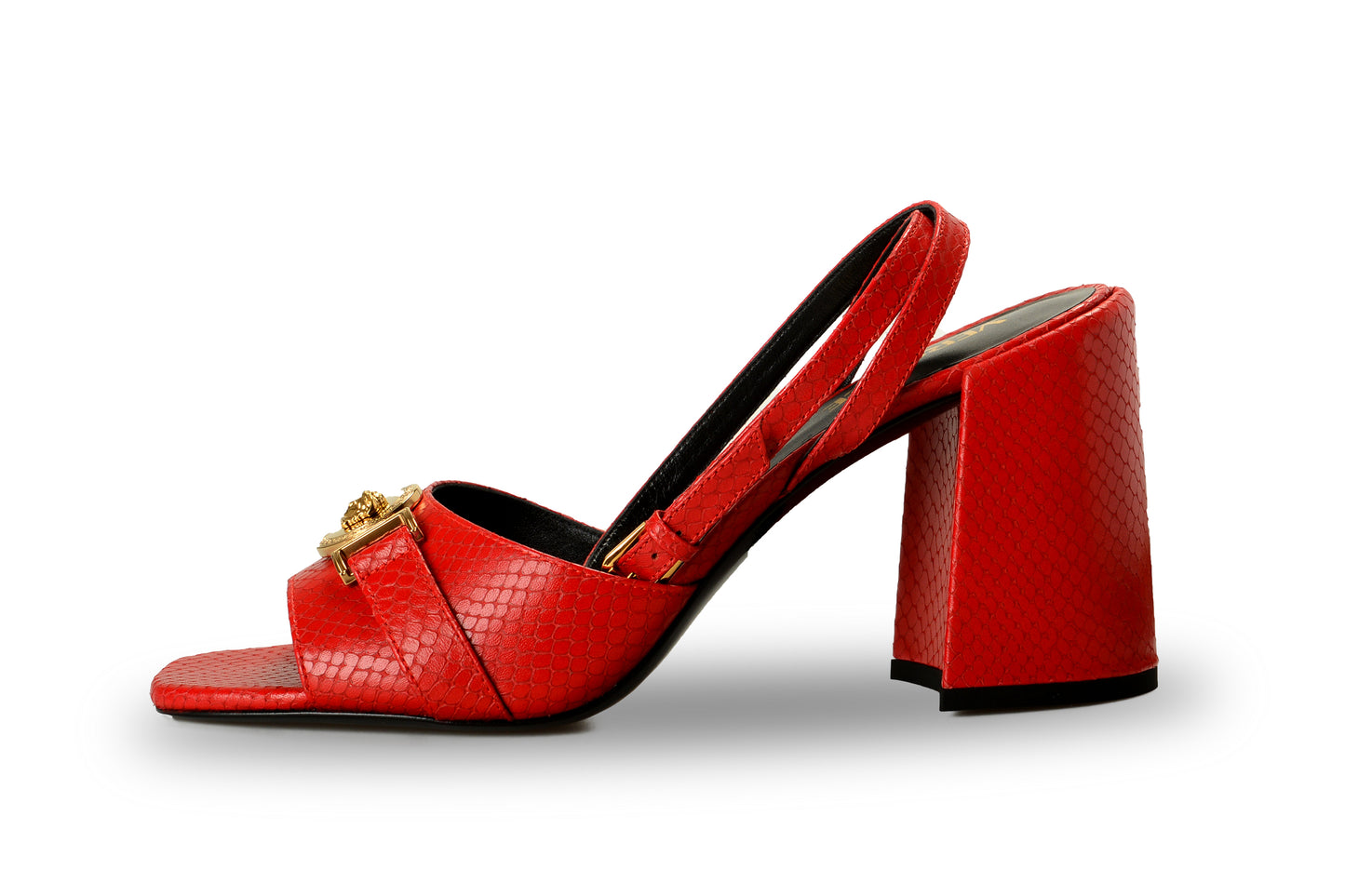 Versace Women's Snake Print Leather Gold Medusa Heeled Sandals Shoes US 11 IT 41