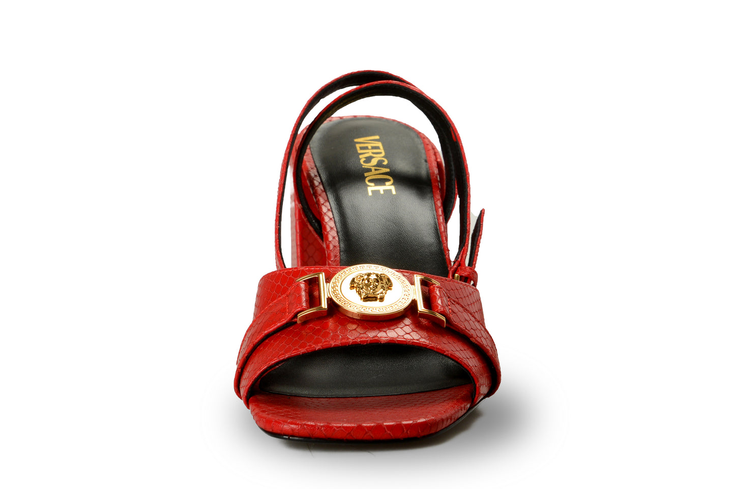 Versace Women's Snake Print Leather Gold Medusa Heeled Sandals Shoes US 11 IT 41