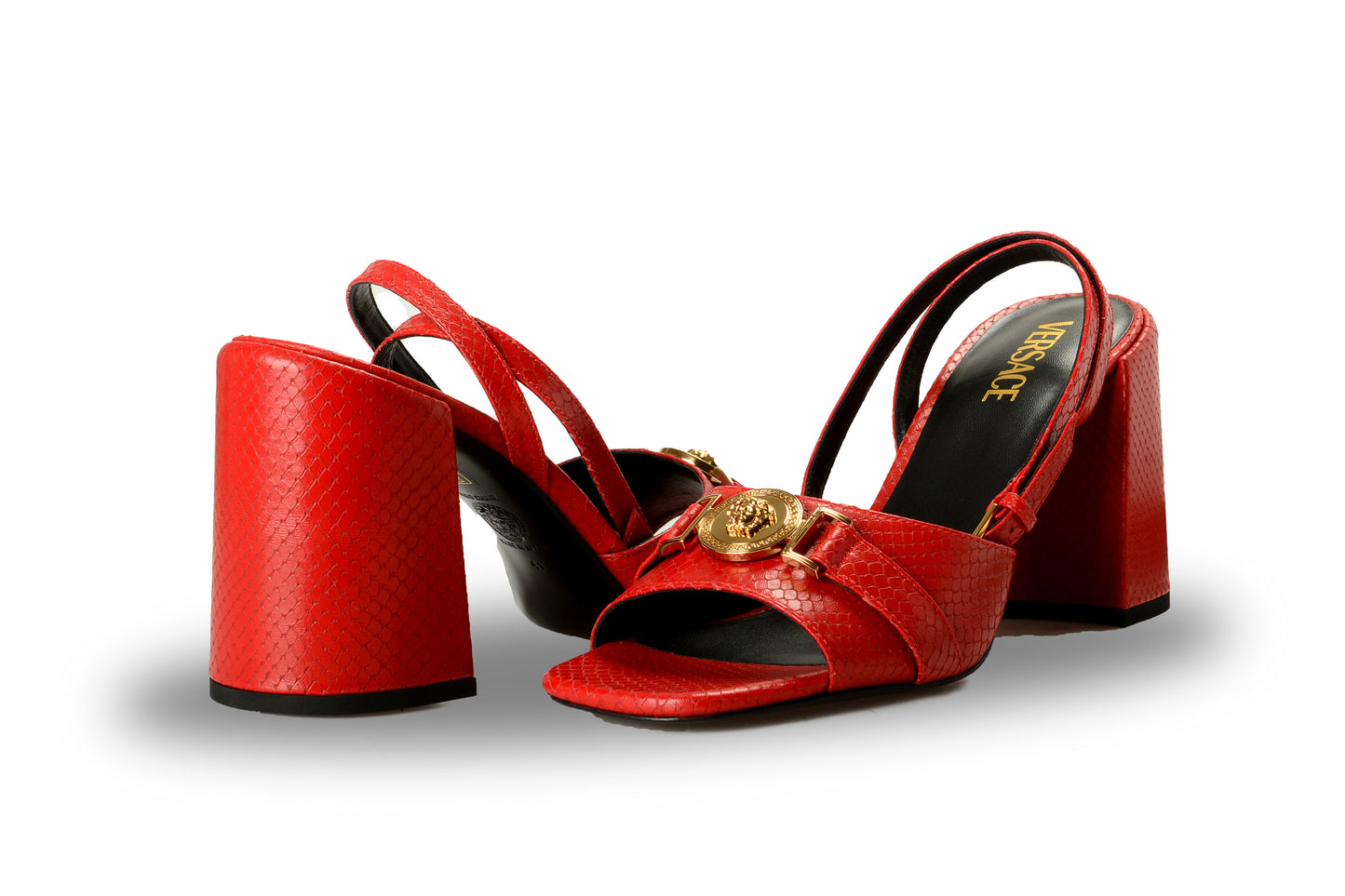 Versace Women's Snake Print Leather Gold Medusa Heeled Sandals Shoes US 11 IT 41