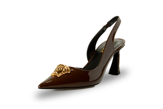 Versace Women's Chocolate Patent Leather Gold Medusa Pump Shoes US 7 IT 37