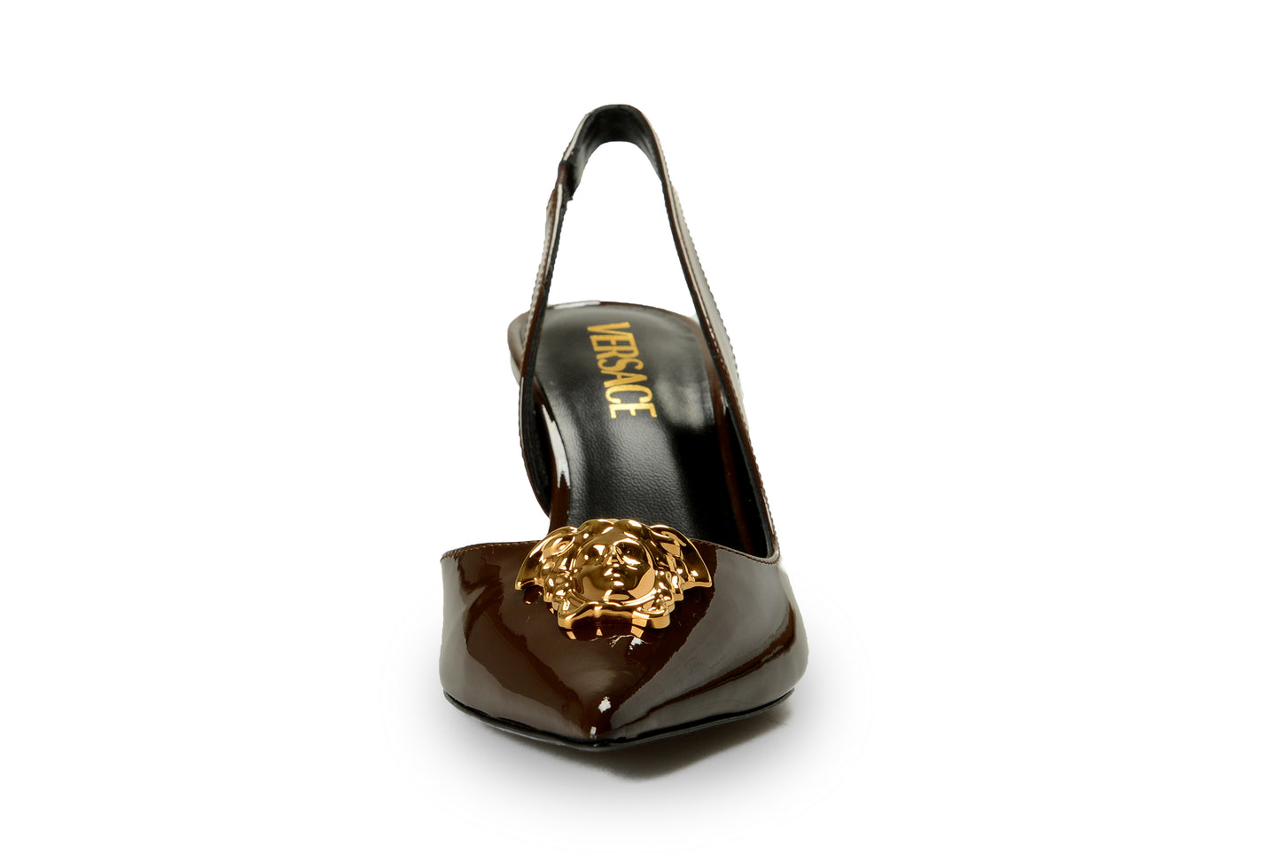 Versace Women's Chocolate Patent Leather Gold Medusa Pump Shoes US 7 IT 37