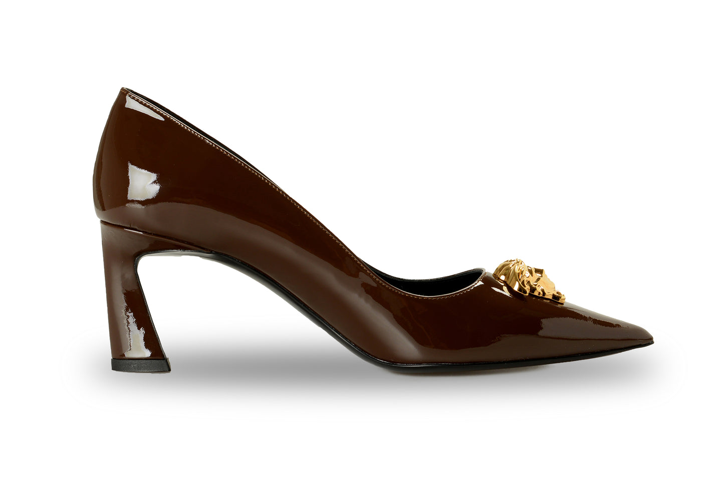 Versace Women's Gold Medusa Chocolate Patent Leather Pump Shoes US 9 IT 39