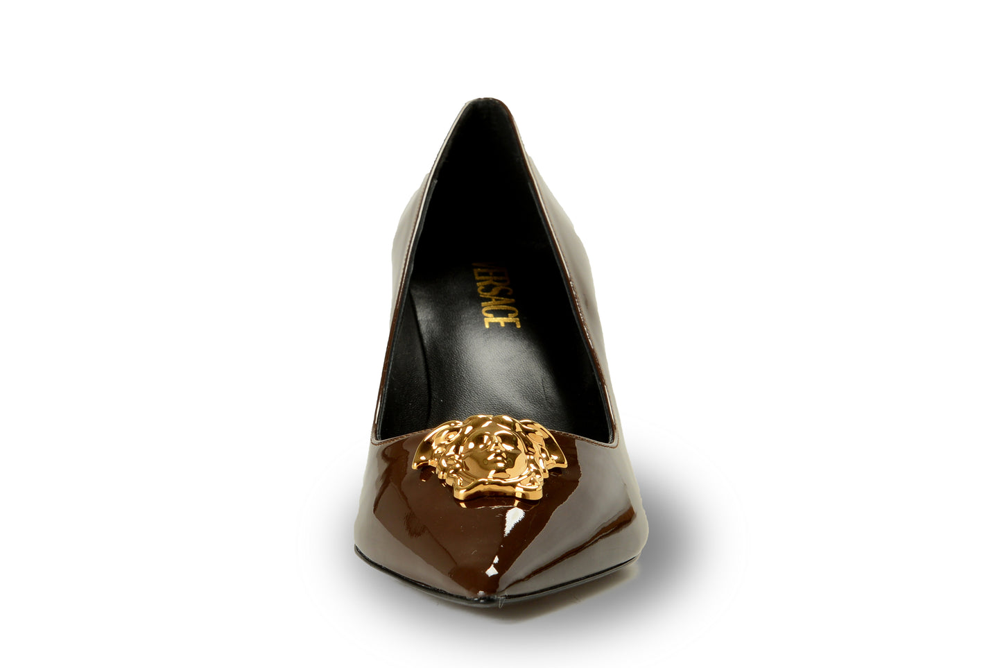 Versace Women's Gold Medusa Chocolate Patent Leather Pump Shoes US 9 IT 39