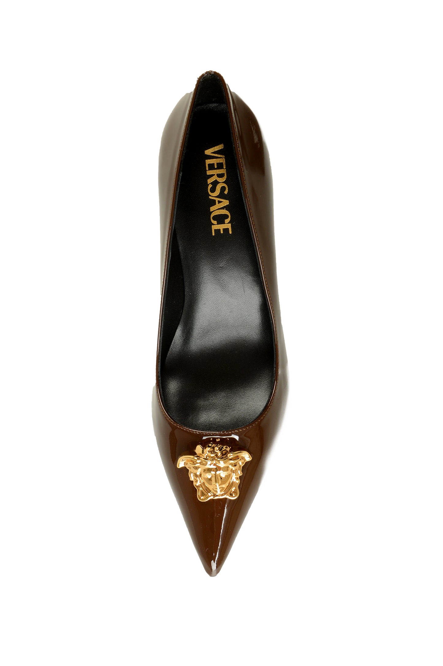 Versace Women's Gold Medusa Chocolate Patent Leather Pump Shoes US 9 IT 39