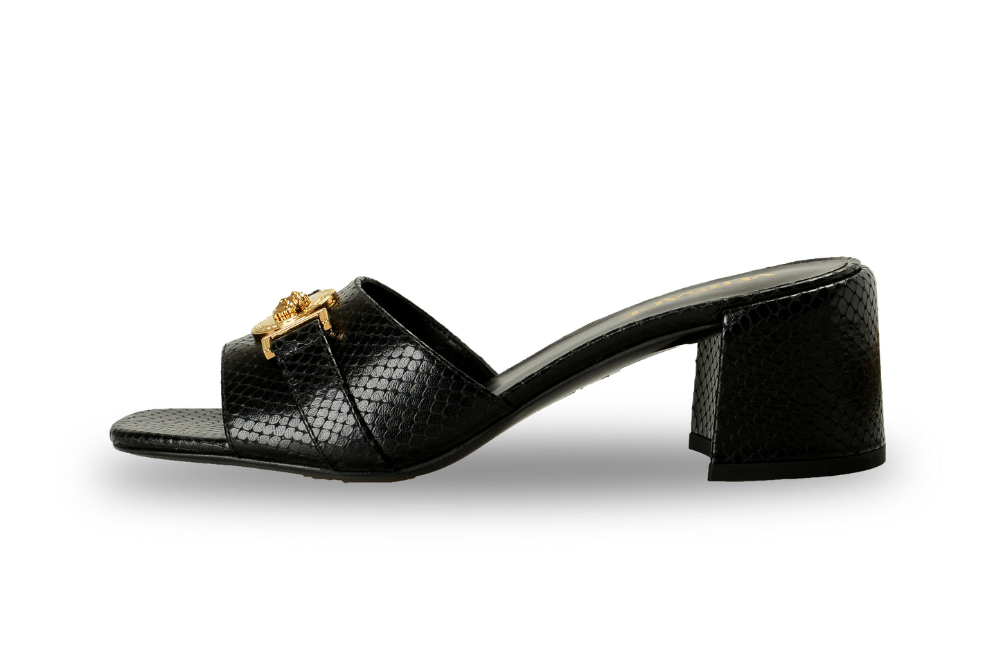 Versace Women's Snake Print Leather Gold Medusa Mules Sandals Shoes US 5 IT 35