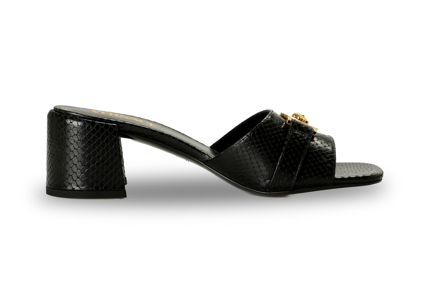 Versace Women's Snake Print Leather Gold Medusa Mules Sandals Shoes US 5 IT 35