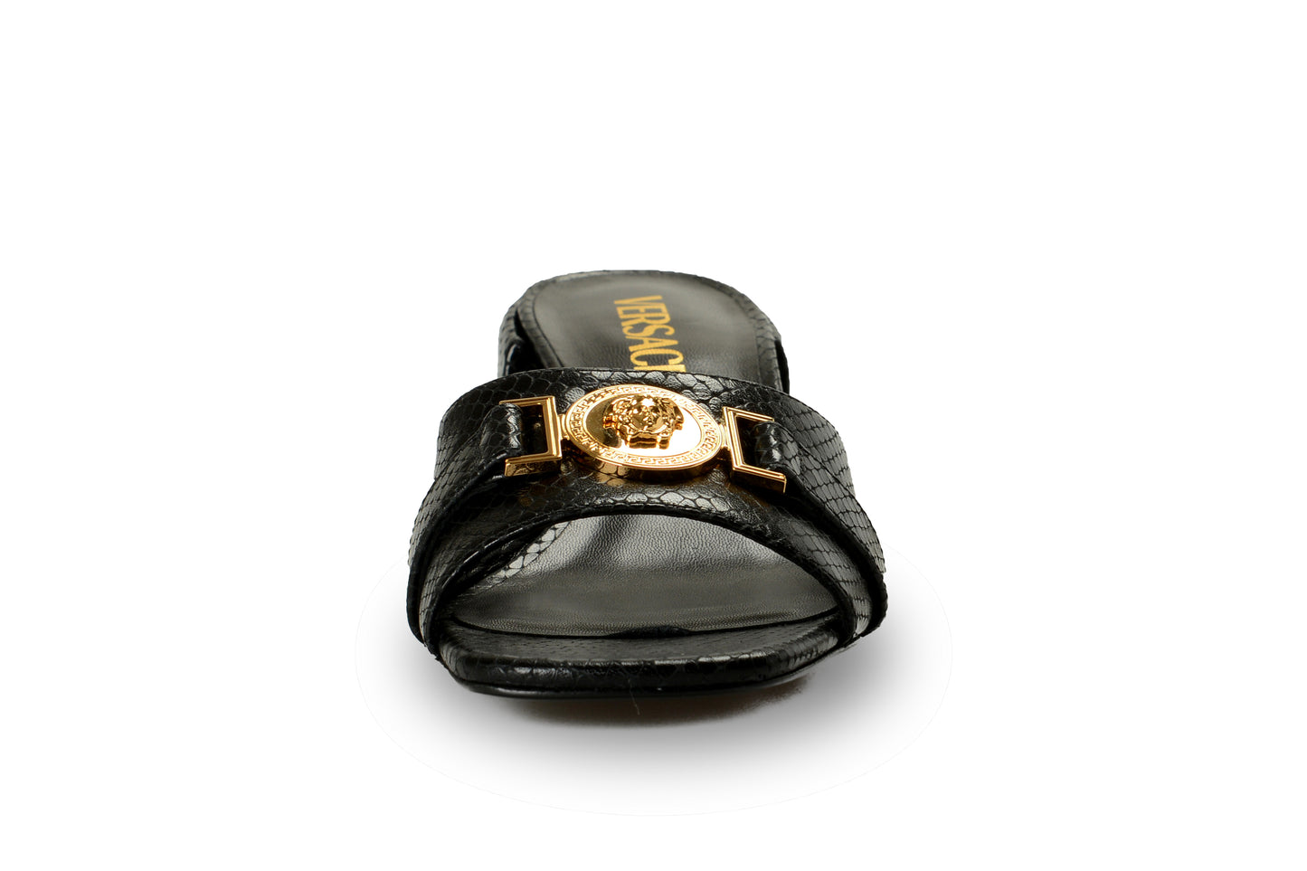 Versace Women's Snake Print Leather Gold Medusa Mules Sandals Shoes US 5 IT 35