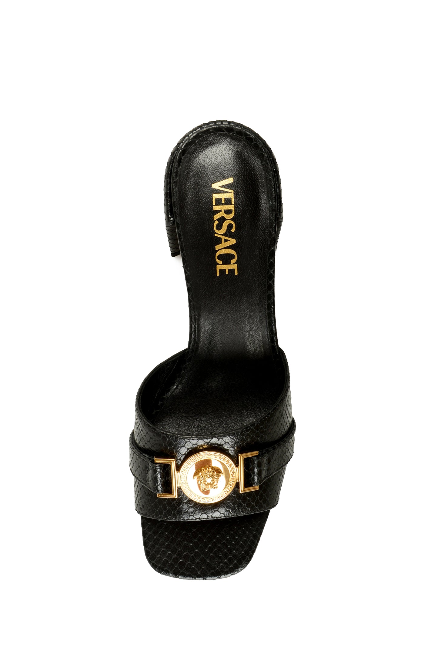 Versace Women's Snake Print Leather Gold Medusa Mules Sandals Shoes US 5 IT 35