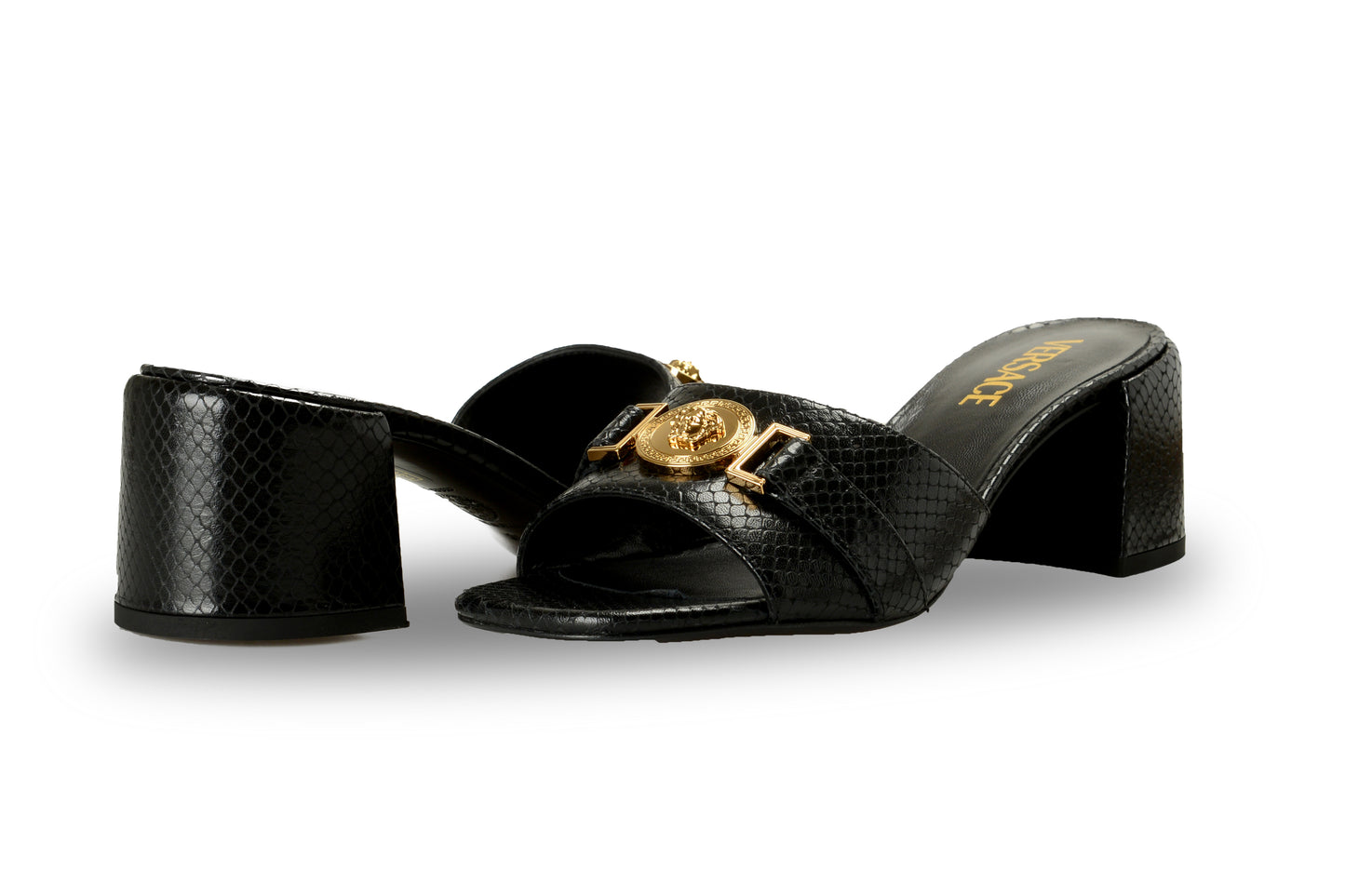 Versace Women's Snake Print Leather Gold Medusa Mules Sandals Shoes US 5 IT 35