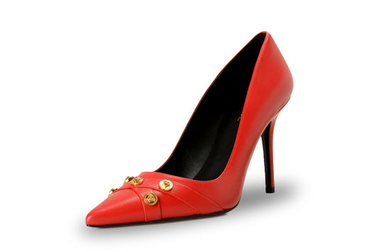 Versace Women's Gold Medusa True Red Leather Stilettos Pumps Shoes US 6 IT 36