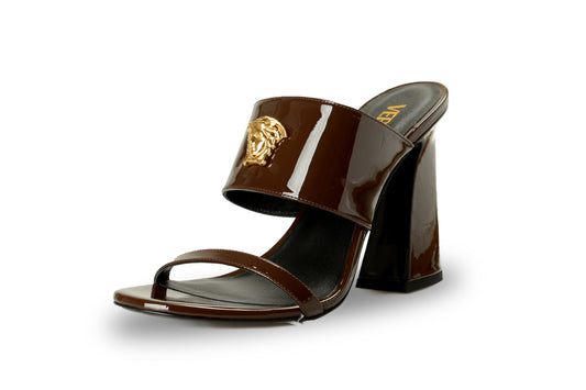 Versace Women's Chocolate Leather Gold Medusa Mules Sandals Shoes US 11 IT 41