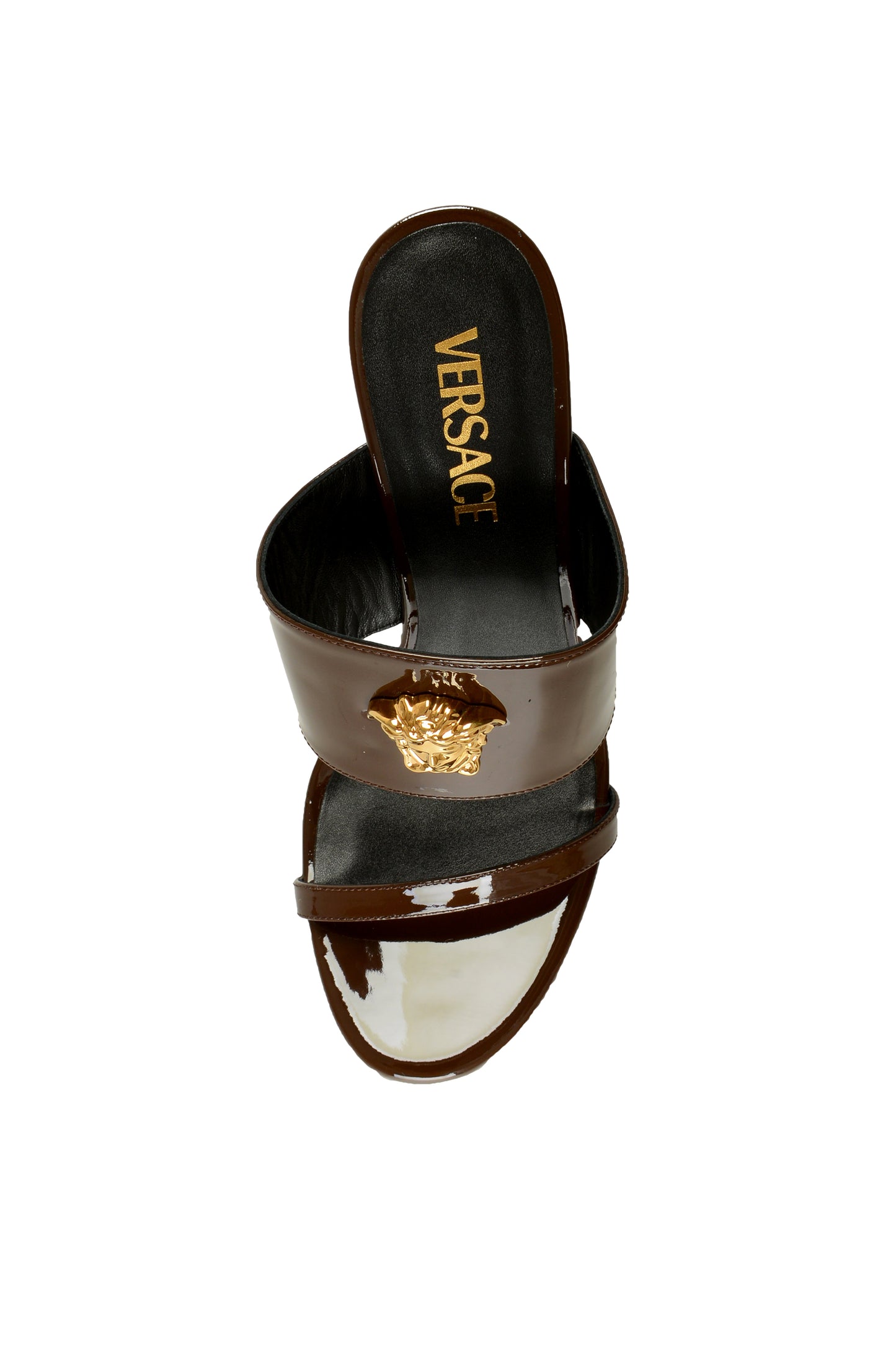 Versace Women's Chocolate Leather Gold Medusa Mules Sandals Shoes US 11 IT 41