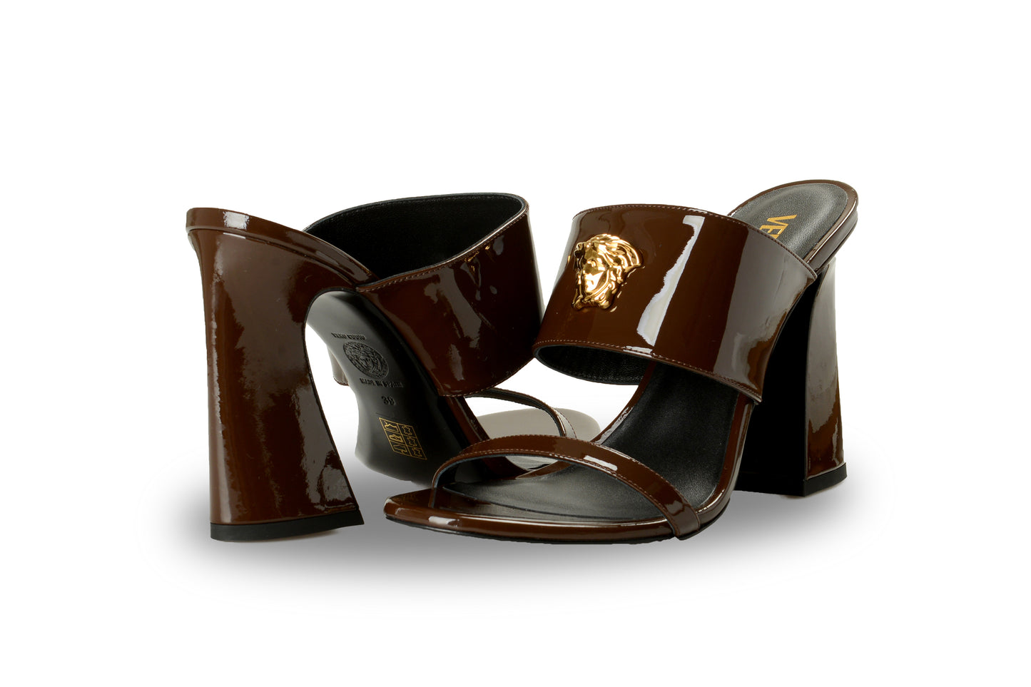 Versace Women's Chocolate Leather Gold Medusa Mules Sandals Shoes US 11 IT 41