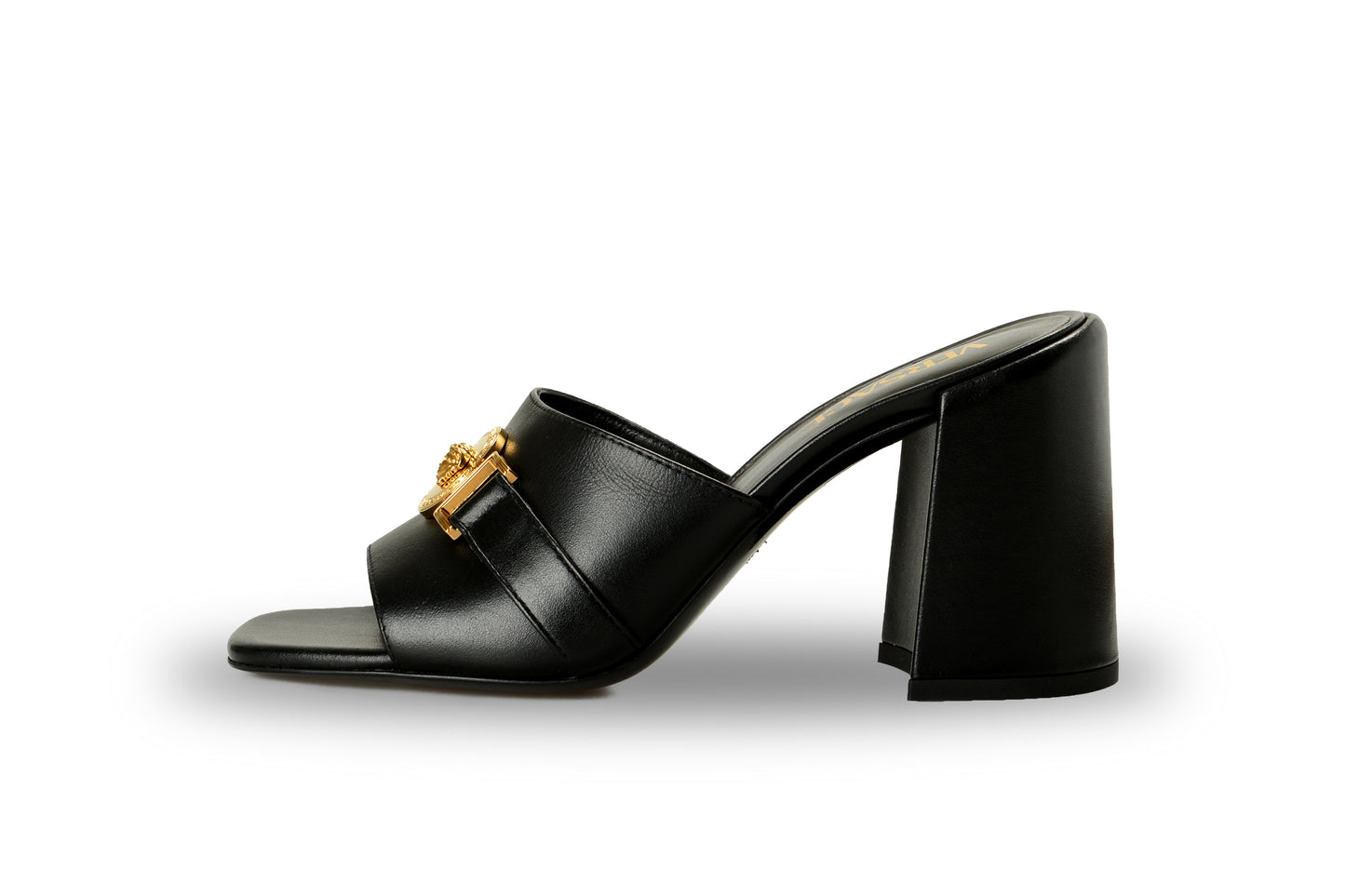 Versace Women's Black 100% Leather Gold Medusa Mules Sandals Shoes US 11 IT 41