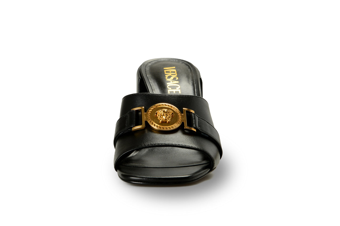 Versace Women's Black 100% Leather Gold Medusa Mules Sandals Shoes US 11 IT 41