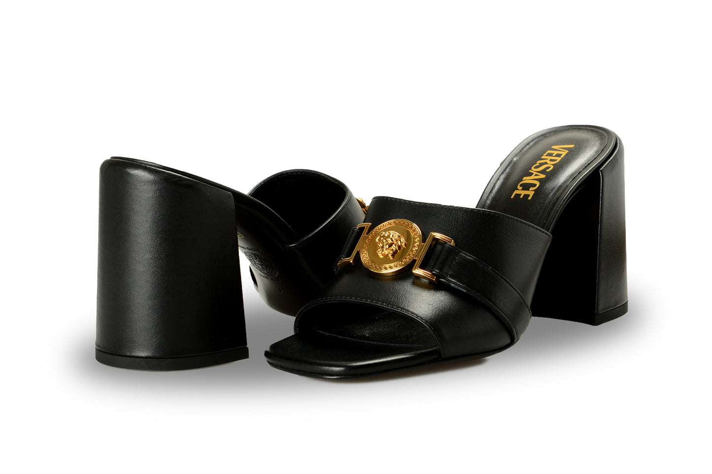 Versace Women's Black 100% Leather Gold Medusa Mules Sandals Shoes US 11 IT 41