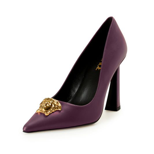 Versace Women's Gold Medusa Deep Purple Leather Pump Shoes US 9 IT 39