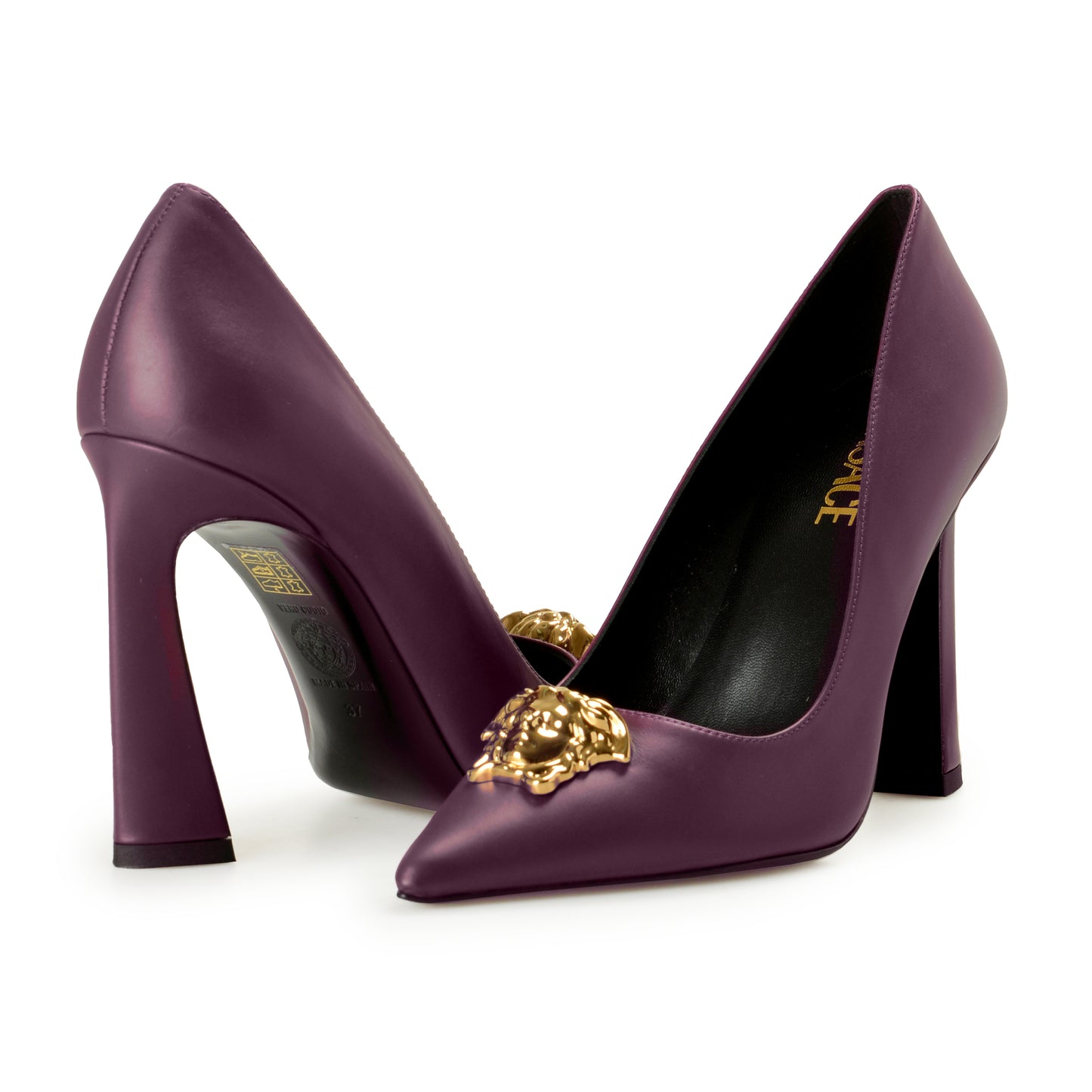 Versace Women's Gold Medusa Deep Purple Leather Pump Shoes US 9 IT 39