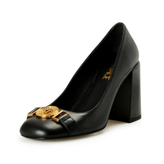 Versace Women's Gold Medusa Black Leather High Heel Pump Shoes US 8 IT 38