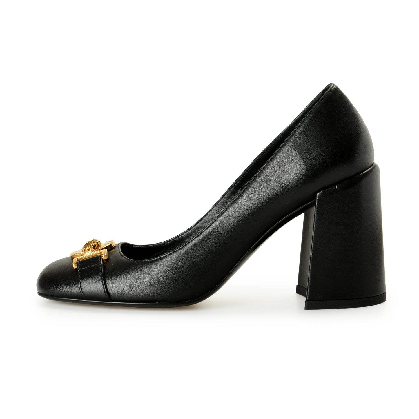 Versace Women's Gold Medusa Black Leather High Heel Pump Shoes US 8 IT 38