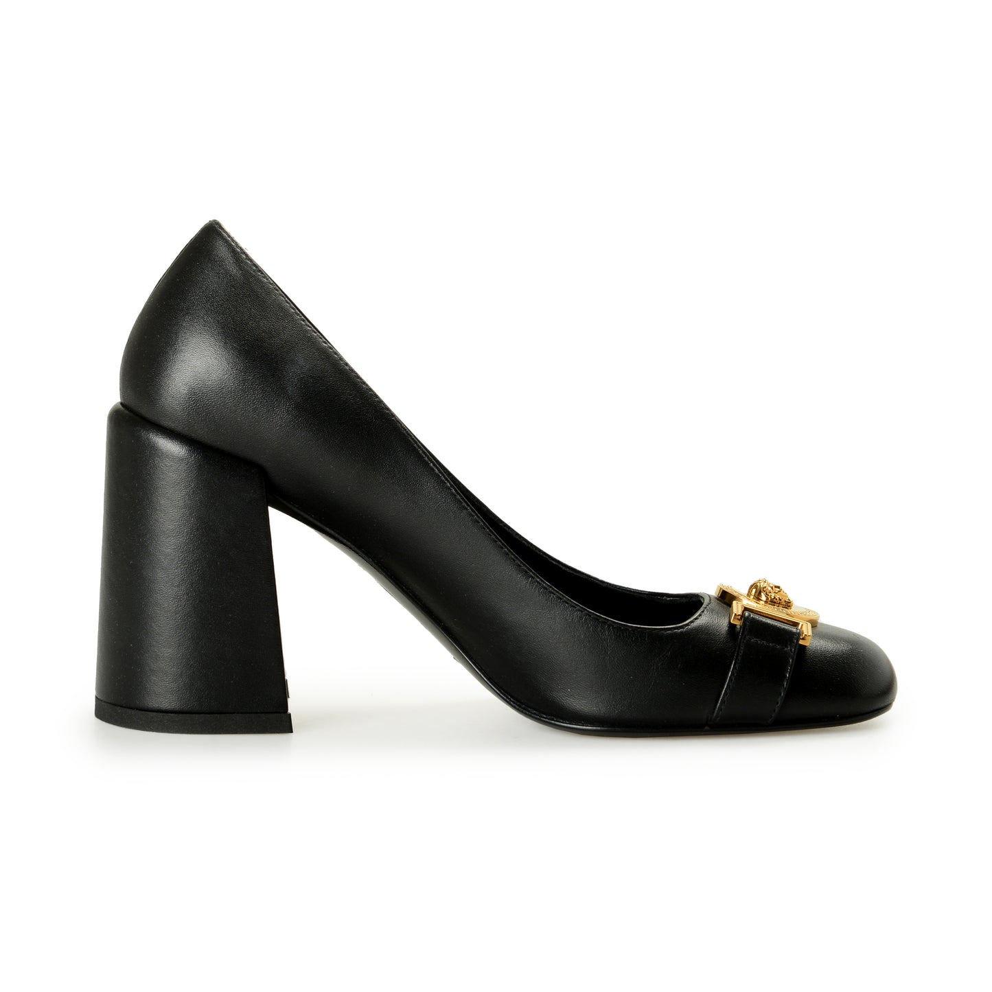 Versace Women's Gold Medusa Black Leather High Heel Pump Shoes US 8 IT 38