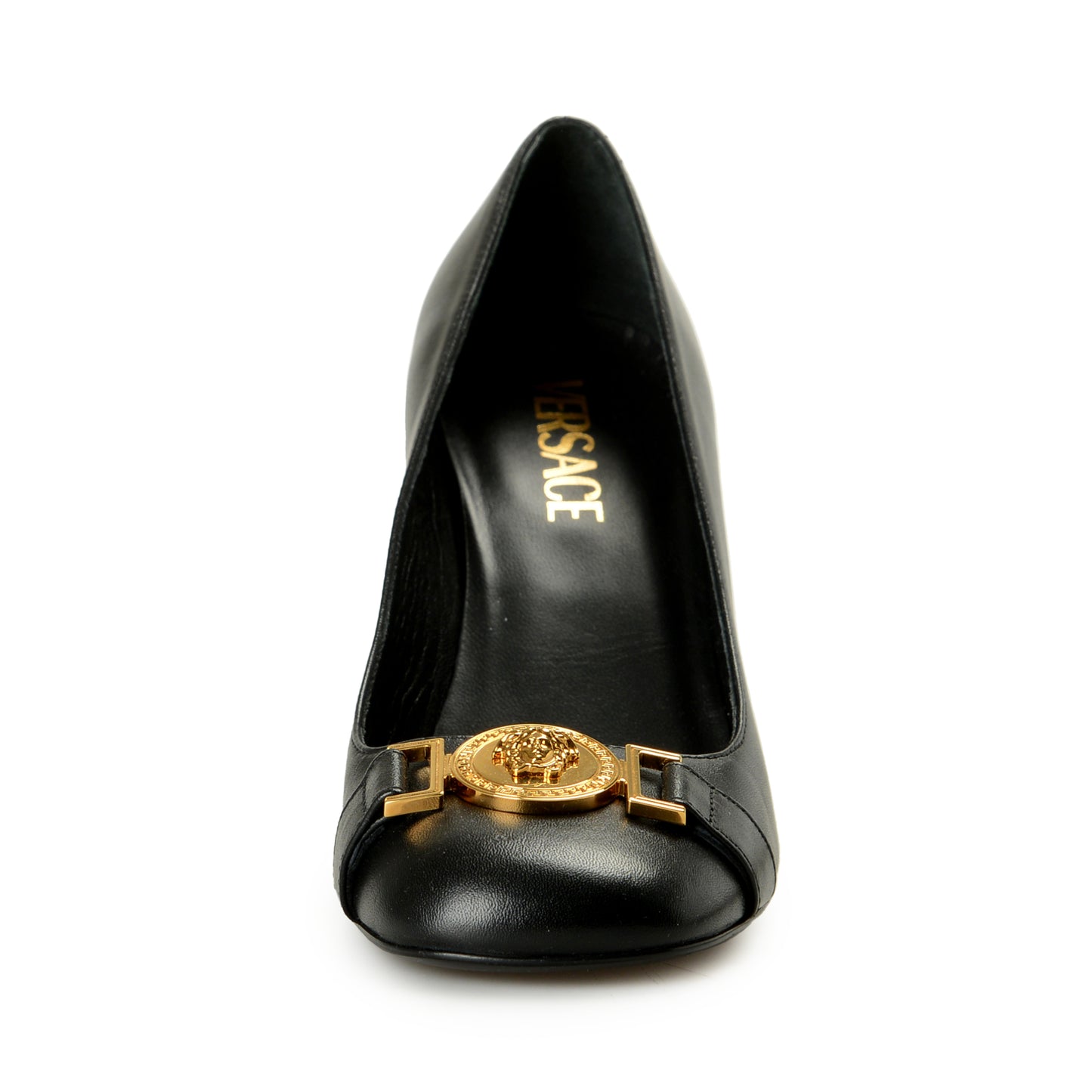 Versace Women's Gold Medusa Black Leather High Heel Pump Shoes US 8 IT 38
