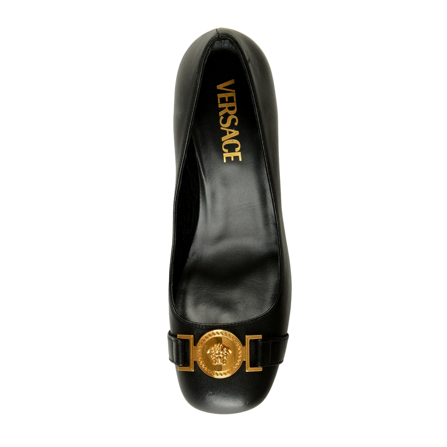 Versace Women's Gold Medusa Black Leather High Heel Pump Shoes US 8 IT 38